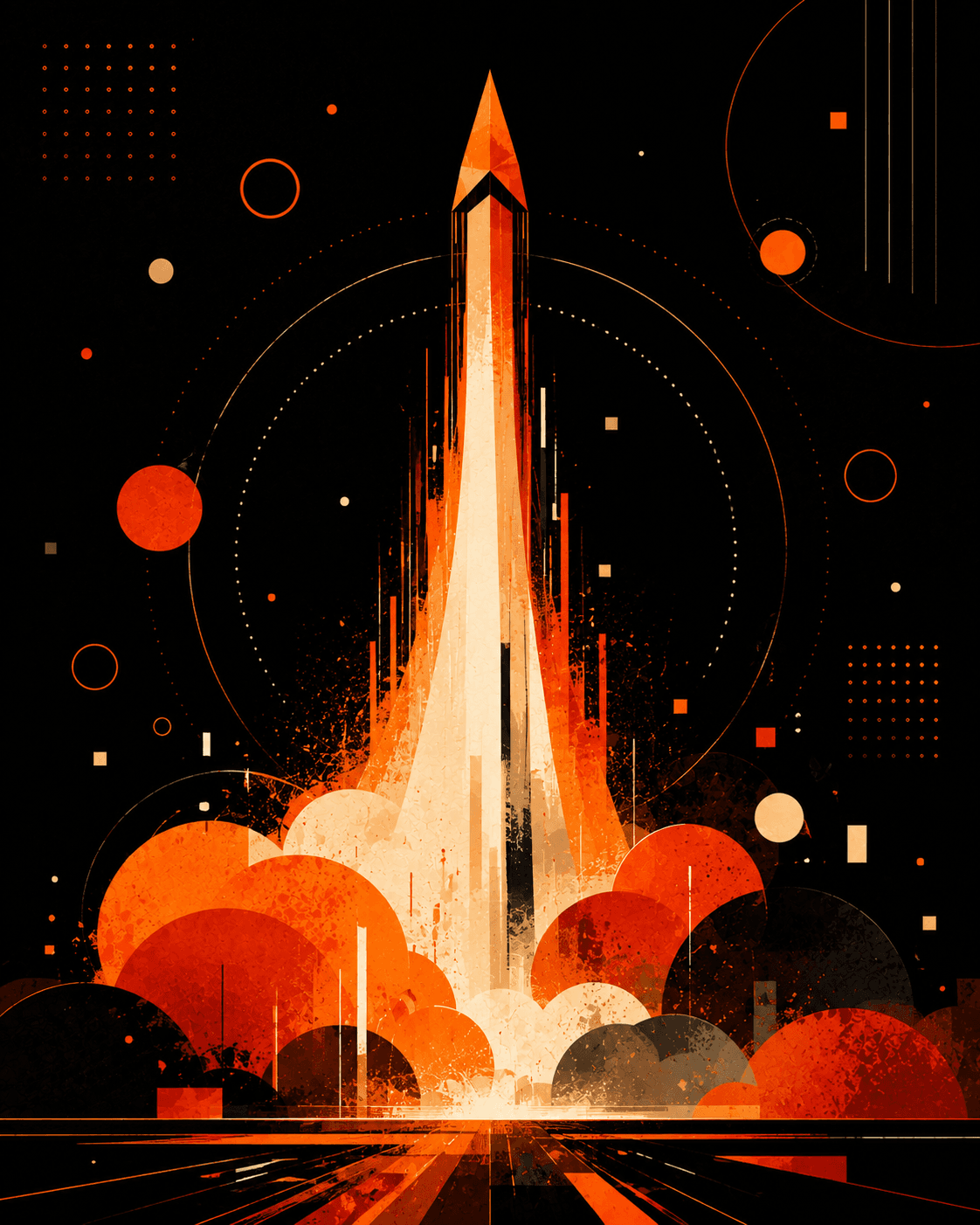 Abstract orange rocket artwork representing momentum and growth.