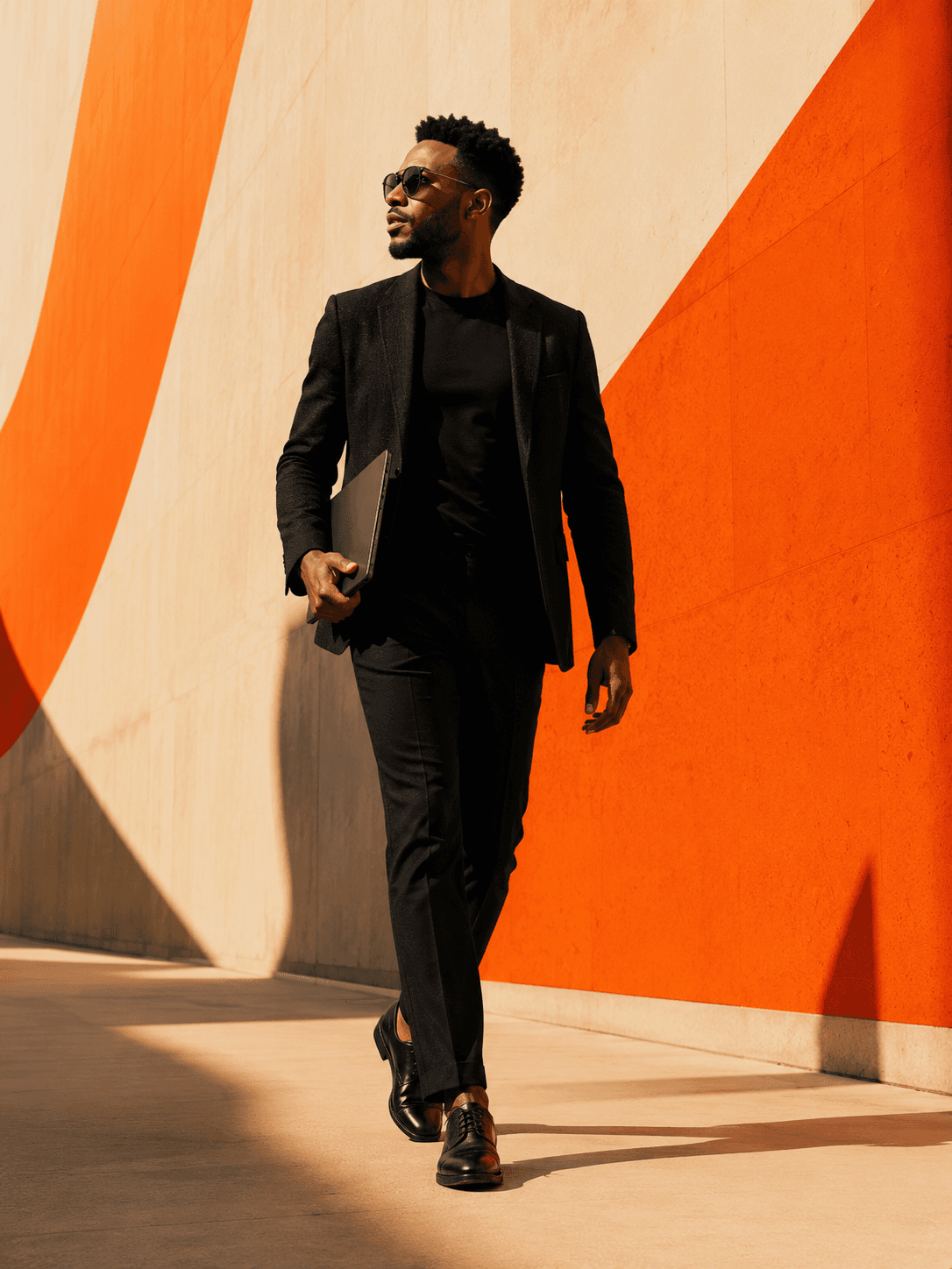 A business leader walking beside bold orange and cream architecture.