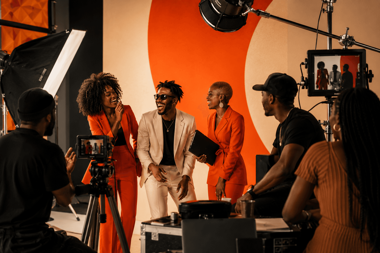 A diverse creative team collaborating on a campaign production set.