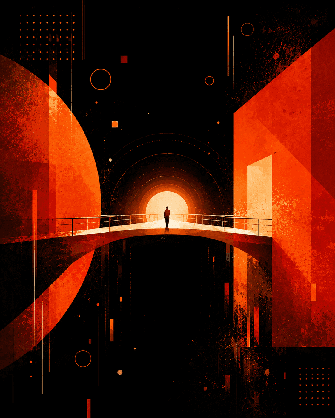 Abstract orange cityscape with a person walking toward a bright horizon.