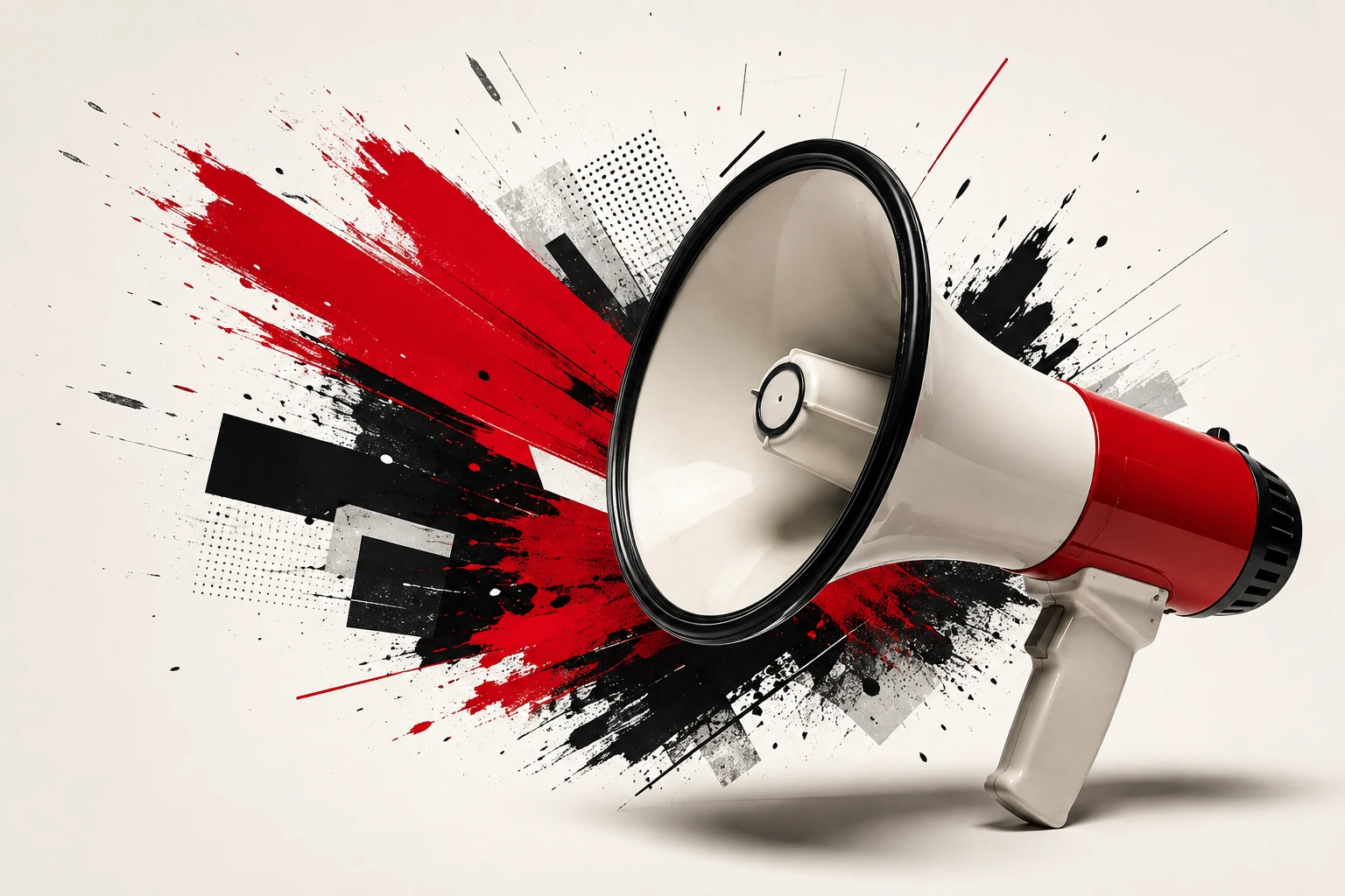 A red and white megaphone surrounded by expressive red and black artwork